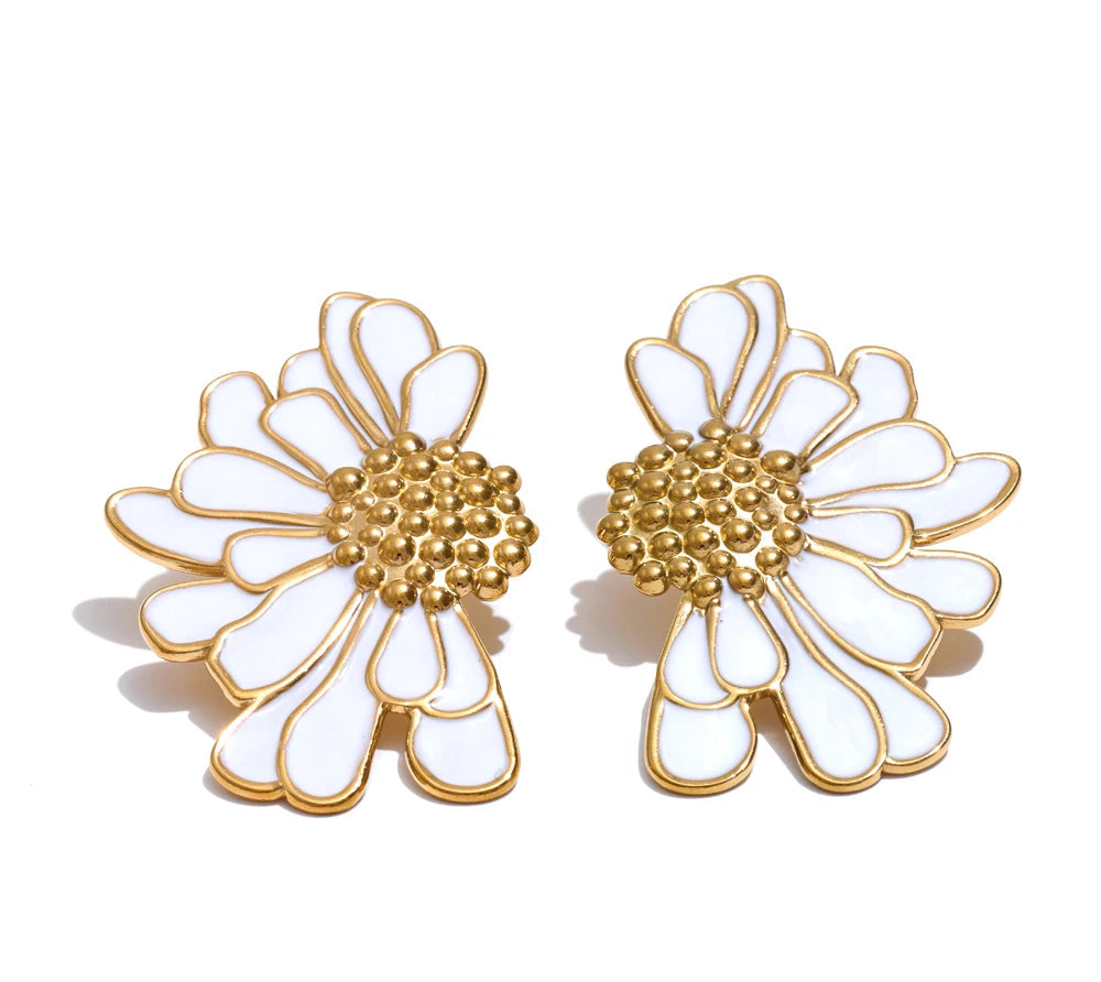 Big White Black Enamel Flower Statement Fashion Stud Earrings 18K Gold Color PVD Plated Stainless Steel Jewelry Gift