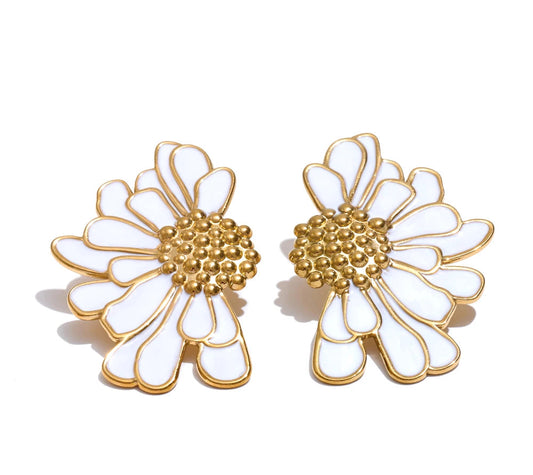 Big White Black Enamel Flower Statement Fashion Stud Earrings 18K Gold Color PVD Plated Stainless Steel Jewelry Gift