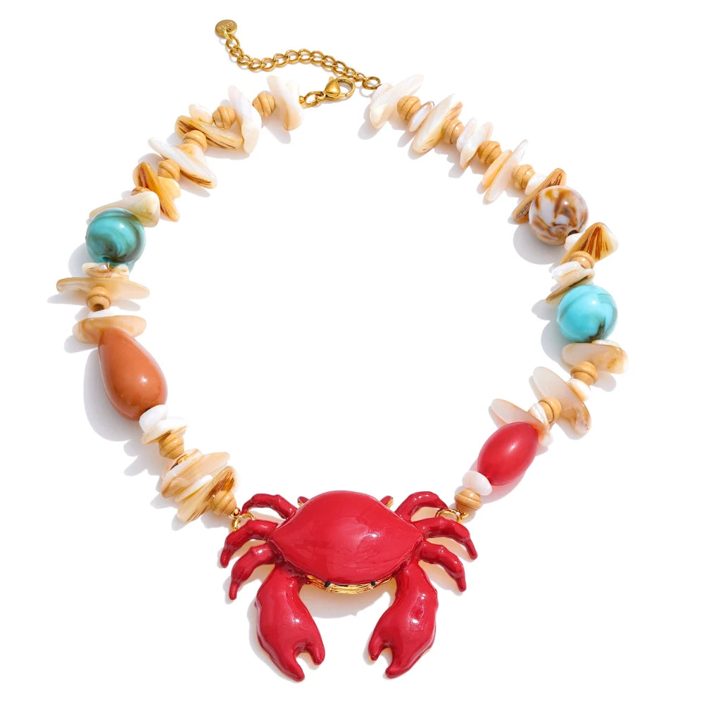 2025 New Handmade Ocean Style Shell Resin Stone Red Crab Pendant Necklace Summer Beads Statement Charm Jewelry