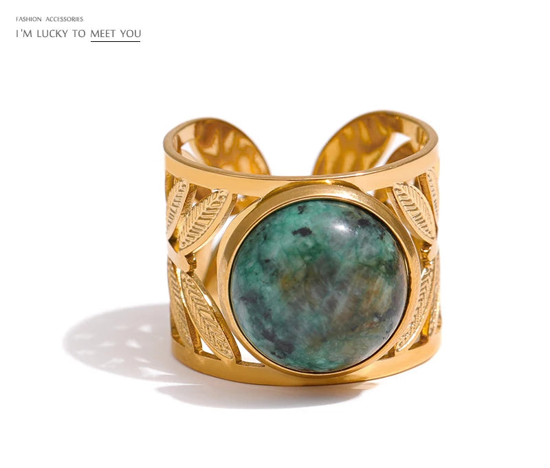 Stainless Steel Green Natural Turquoise Opening Ring Statement Golden 18 K Plated Ring bague acier inoxydable Gift New