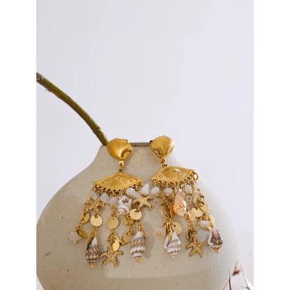 Ocean Style Shell Conch Starfish Dangle Earrings Stainless Steel Summer Golden Holiday Jewelry Accessories