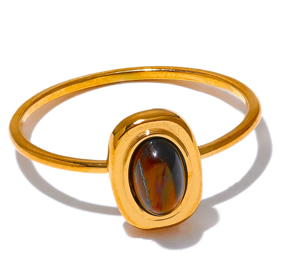 Fashion Natural Stone Stainless Steel Oval Thin Chic Ring Women 18K PVD Plated Waterproof Jewelry Accessories Gift