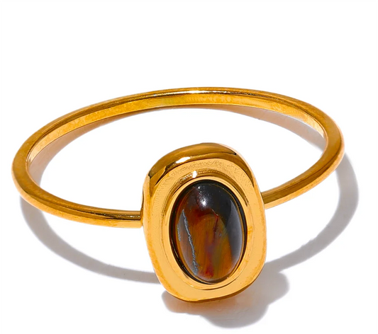 Fashion Natural Stone Stainless Steel Oval Thin Chic Ring Women 18K PVD Plated Waterproof Jewelry Accessories Gift