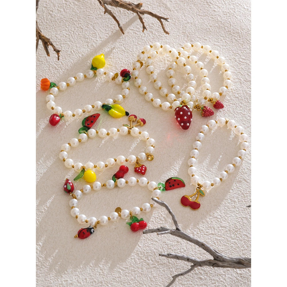 5 Style Trendy Handmade Beads Jewelry Simulated Pearls Chain Fruit Drop Bracelet Bangles Stainless Steel Wrist Accessories