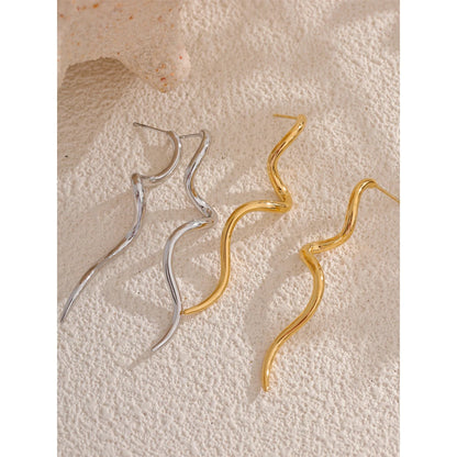 Minimalist Flowing Metal Geometric Long Stud Earrings Prevent Allergy Stainless Steel Statement Attractive Daily Jewelry