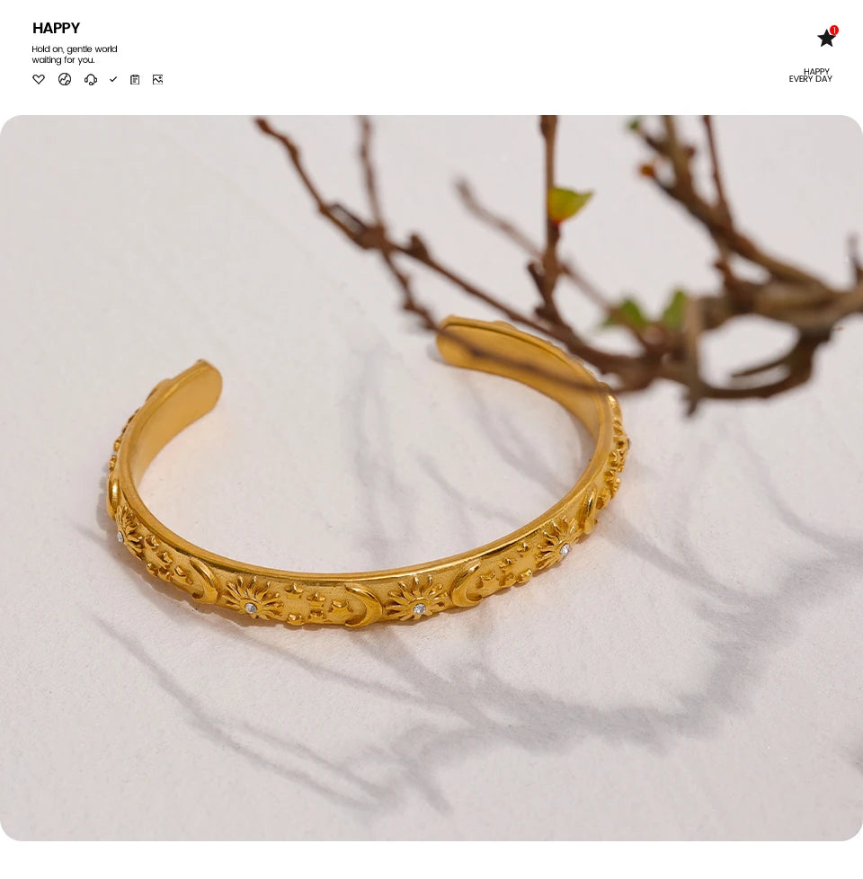 Golden Stainless Steel Moon Star Sun Bangle Bracelet  Stylish Metal Open Wrist браслеты на руку женкие Party Gift