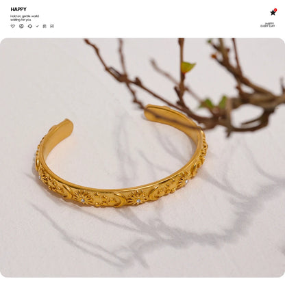 Golden Stainless Steel Moon Star Sun Bangle Bracelet  Stylish Metal Open Wrist браслеты на руку женкие Party Gift