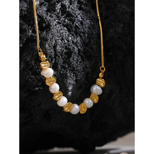 Natural Freshwater Pearl Stainless Steel Beads Chain Necklace Bracelet Bangle Gold Color Vintage Handmade Jewelry Women