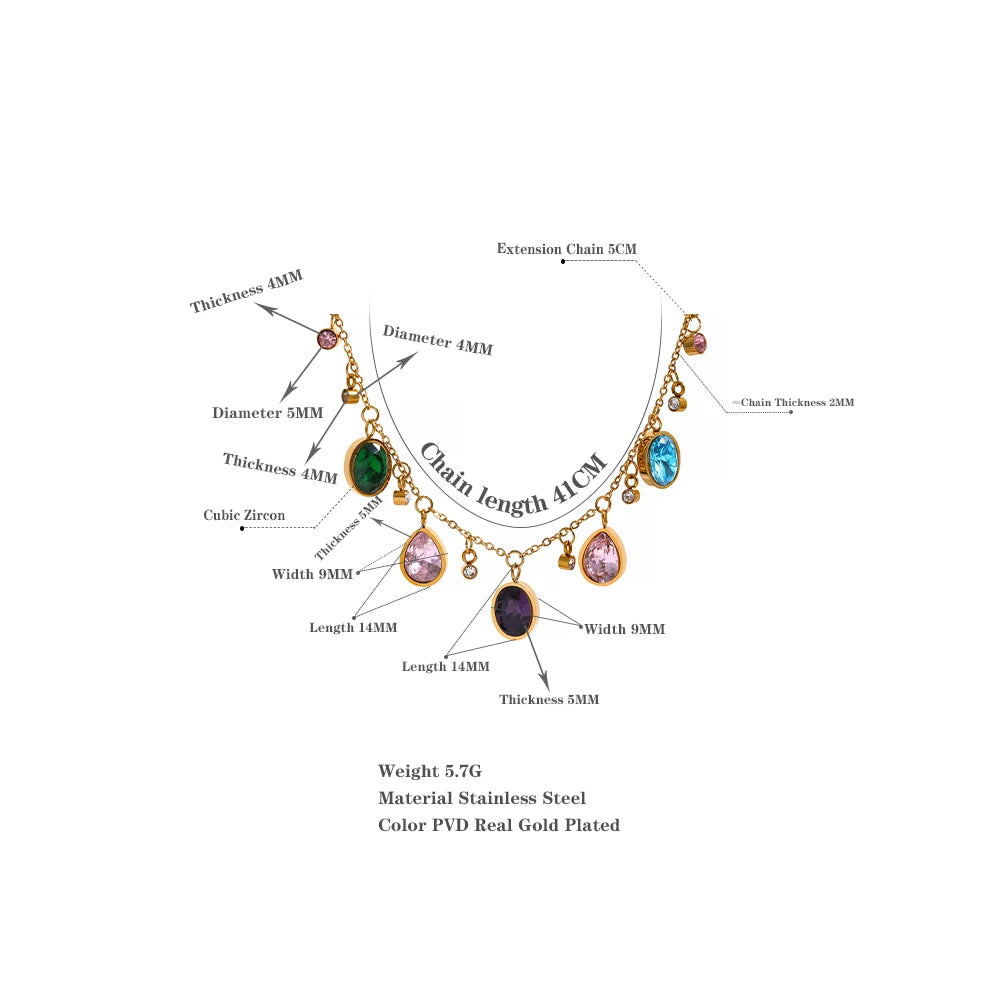 Delicate Elegant Colorful Cubic Zirconia Stainless Steel Luxury Necklace Bling 18k Gold Plated Waterproof Jewelry Party