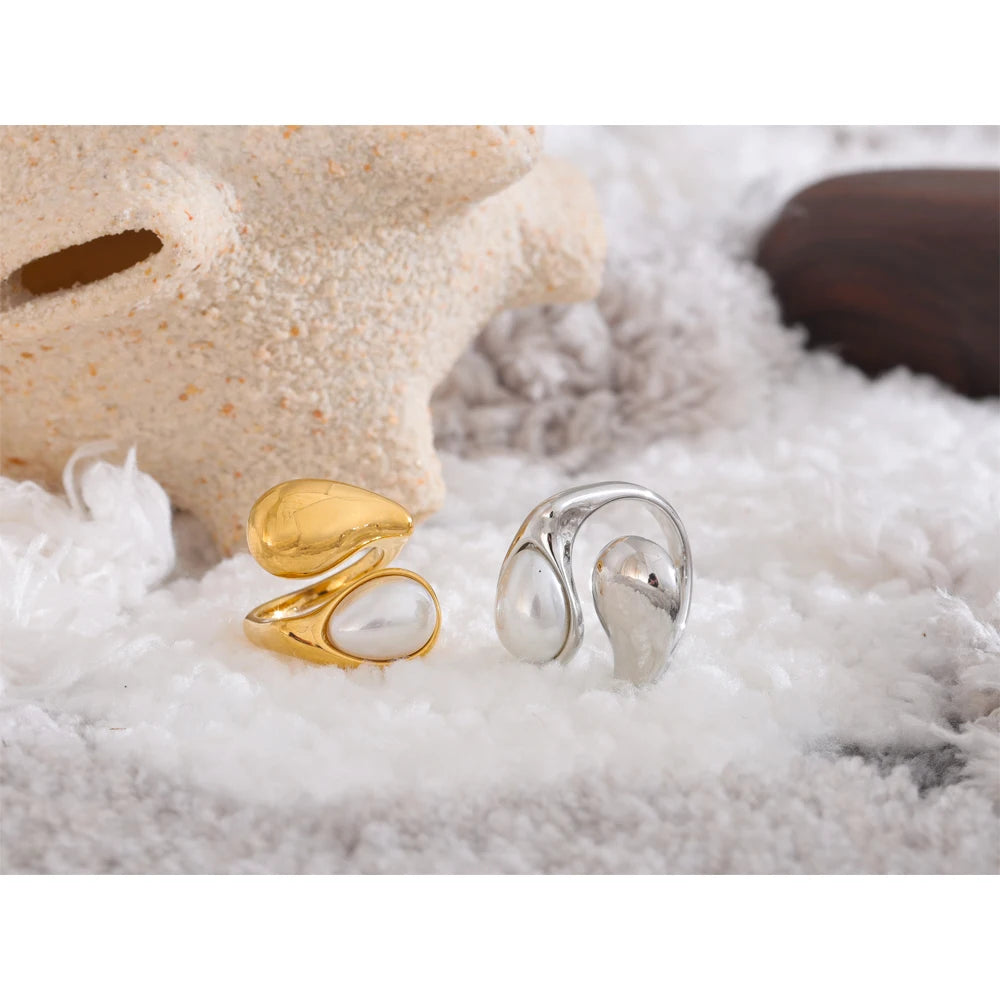 Fashion Imitation Pearl Water Drop Finger Adjustable Ring Women 316L Stainless Steel Elegant Gold Platinum Plated Jewelry