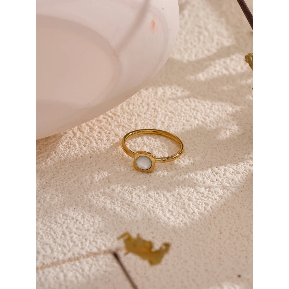Natural Shell Square Thin Fashion Ring 316L Stainless Steel Gold Color Charm Chic Jewelry 18K PVD Plated Waterproof
