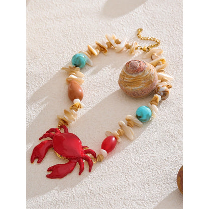 2025 New Handmade Ocean Style Shell Resin Stone Red Crab Pendant Necklace Summer Beads Statement Charm Jewelry