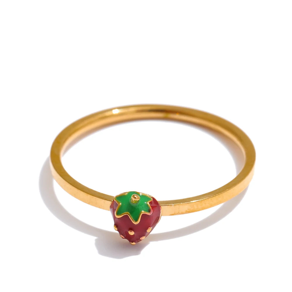 Delicate Stainless Steel Strawberry Geometric Adjustable Open Thin Ring Trendy Fashion Jewelry Water Resistant