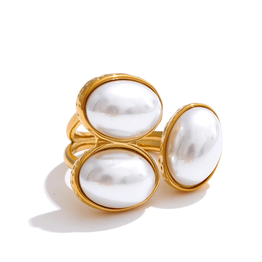 Natural Aventurine Agate Stone Shell Pearl Flower Adjustable Ring Fashion Stainless Steel Charm Finger Jewelry Accessories