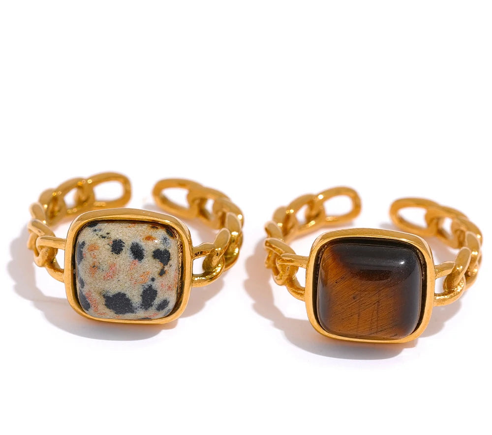 Stainless Steel Natural Stone Open Tiger Ring  for Women Vintage 18K Gold PVD Plated Finger Trendy Jewelry кольца
