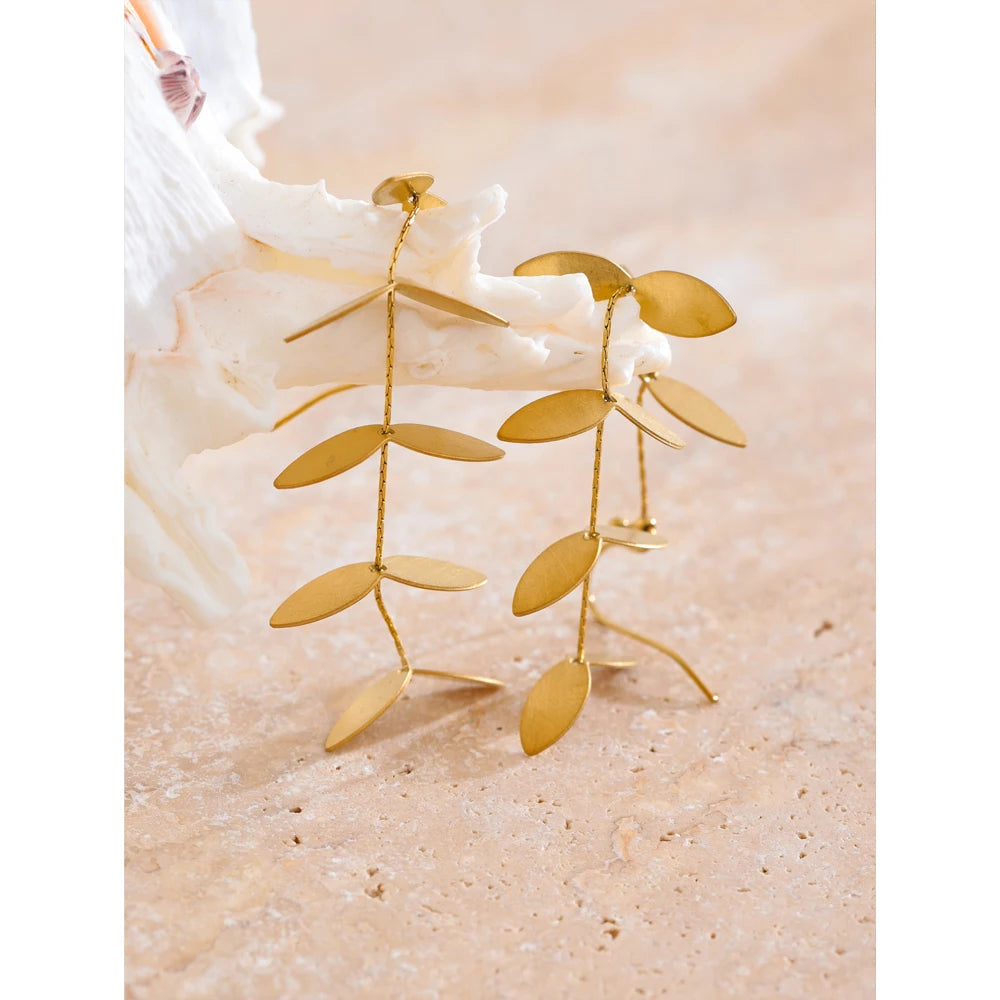 Vintage Retro Old Stainless Steel Leaf Long Hanging Drop Earrings PVD Plated Prevent Allergy Metal Stylish  Jewelry France