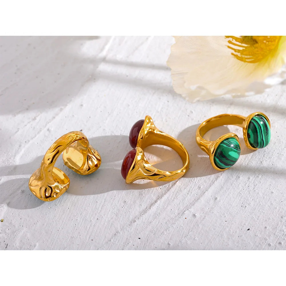 Size 7 Vintage France Natural Stone Stainless Steel Cast Geometric Big Ring Women Fashion Charm Golden Personality Jewelry