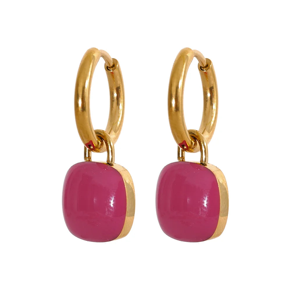 Colorful Enamel Candy Stainless Steel Square Drop Chic Hoop Earrings Women 18K PVD Plated Stylish Summer Jewelry Bijoux