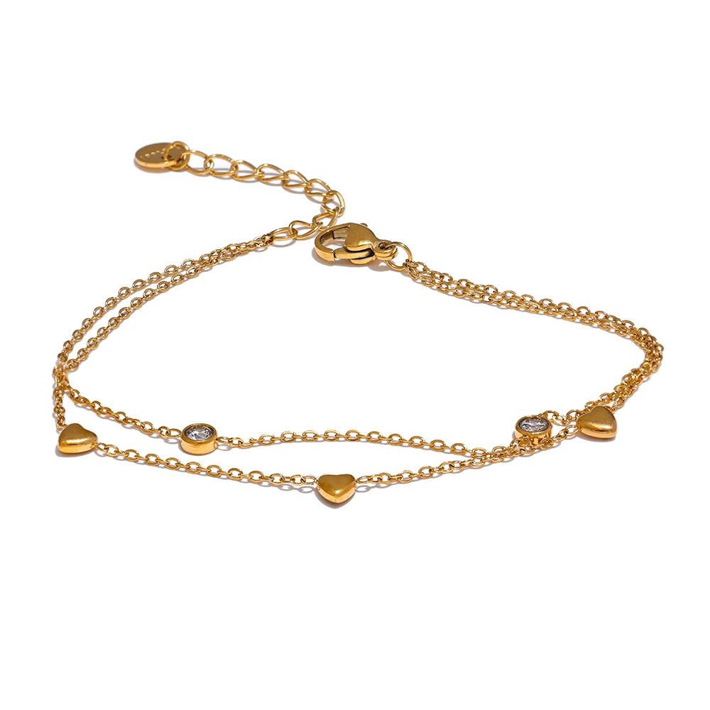 Delicate Chain Heart Zircon Double Layer Stacking Bracelet Bangle Chic Summer Stainless Steel Waterproof Jewelry Gift