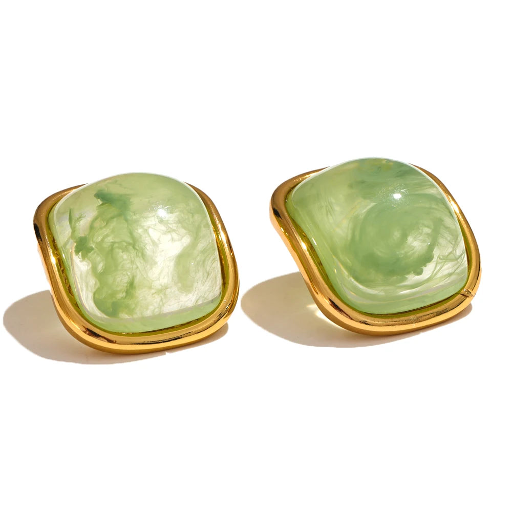 Y2K Colorful Resin Square Golden Stud Earrings Women Summer Stainless Steel 18k Plated Candy Charm Jewelry Waterproof