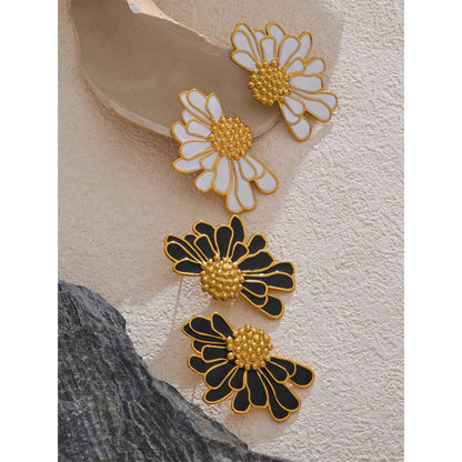 Big White Black Enamel Flower Statement Fashion Stud Earrings 18K Gold Color PVD Plated Stainless Steel Jewelry Gift