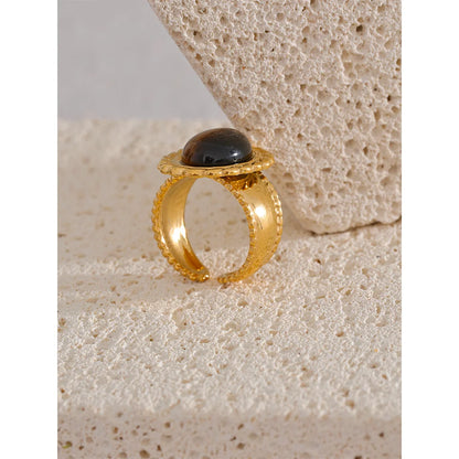 Stainless Steel Wide Chunky Ring Inlaid Tiger Natural Stone Jewelry Trend Europe Bijoux Vintage Stylish Statement