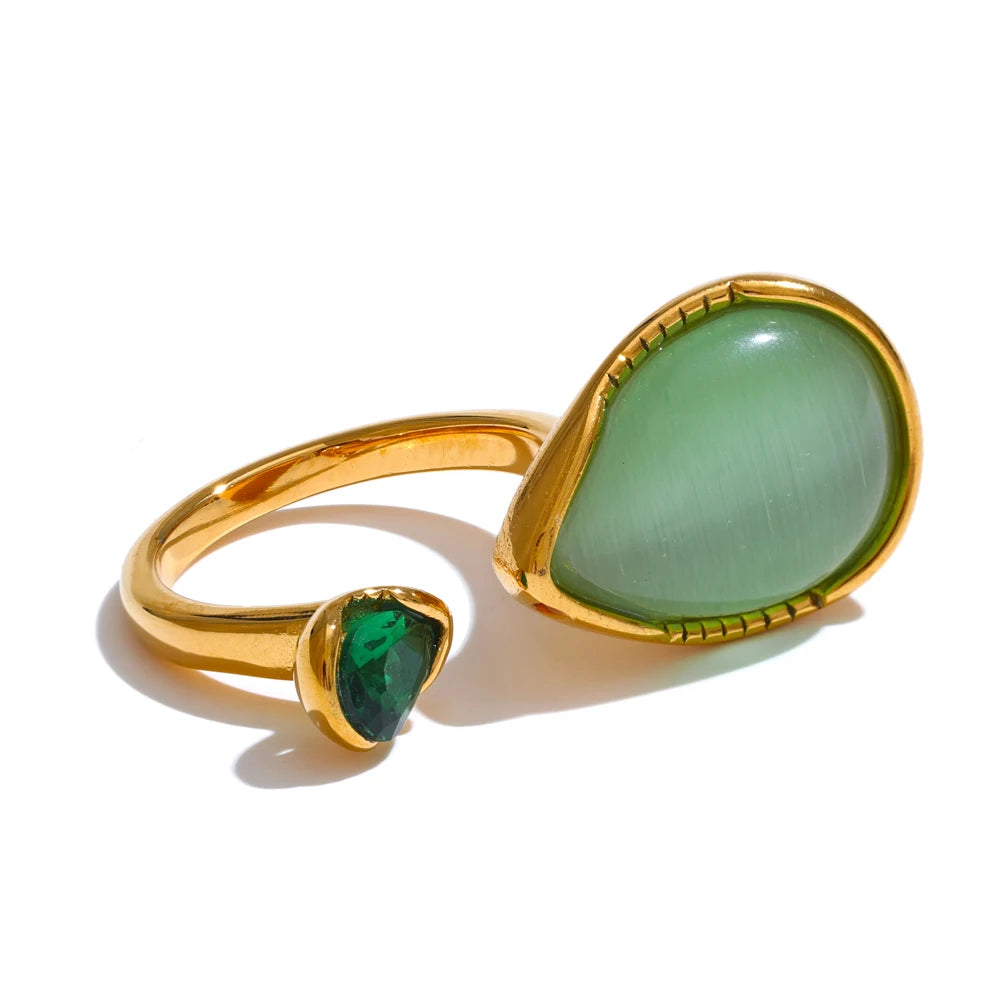 Arrival Green Natural Stone Zirconia Water Drop Geometric Golden Ring for Women Stainless Steel Stylish Jewelry Gift