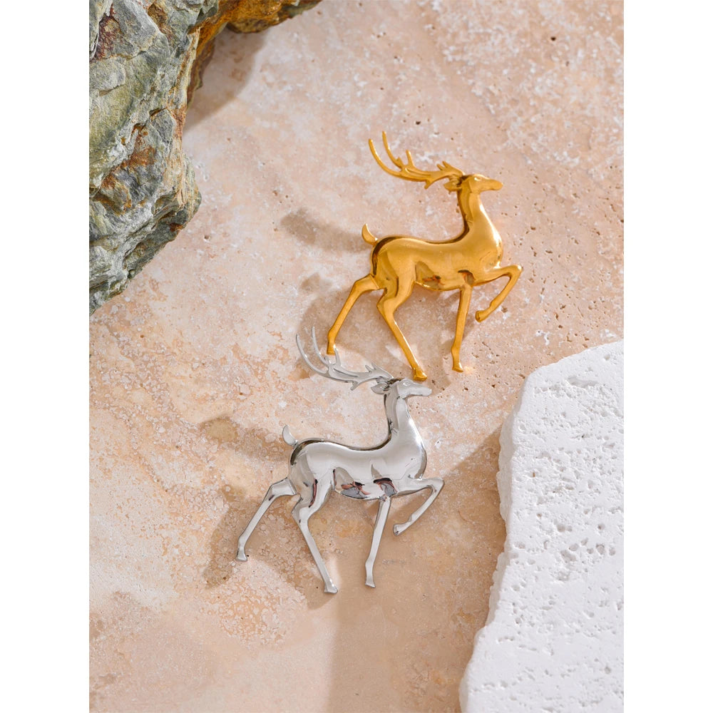 Stainless Steel Christmas Deer Brooches Pin 18K PVD Plated Waterproof Unisex Jewelry for Women Men Animal Lucky Accessory
