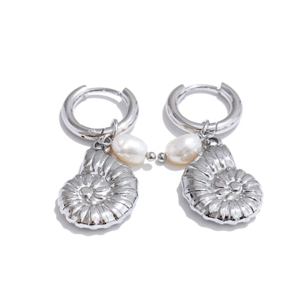 Ocean Style Natural Pearl Conch Shell Starfish Drop Summer Hoop Earrings for Women Stainless Steel Holiday Daily Jewelry