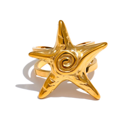 316L Stainless Steel Starfish Open Ring Adjustable 18K Gold PVD Plated Metal Summer Personalized Jewelry for Holiday