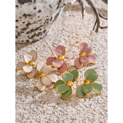 Green Pink Enamel Petal Flower Stud Earrings for Women Stainless Steel Exquisite Spring Summer Daily Trending Jewelry