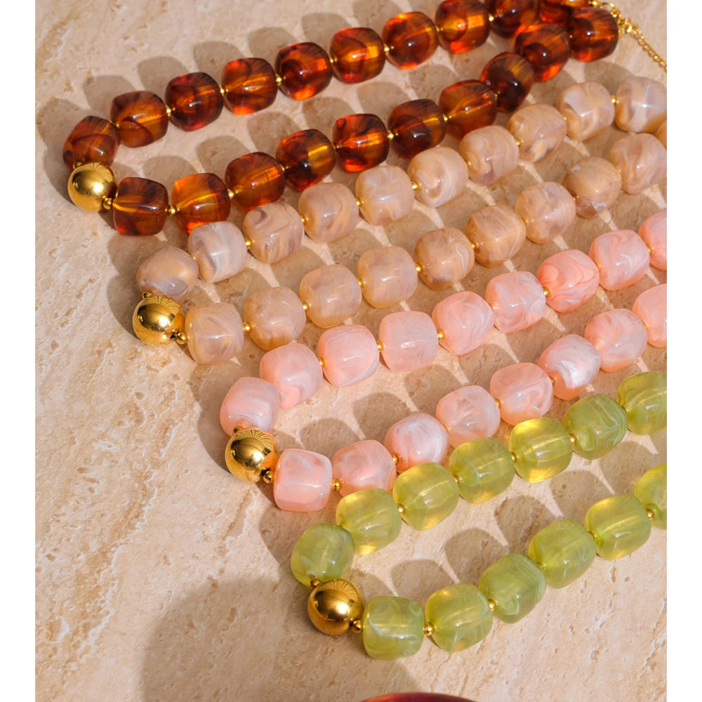 Acrylic Square Beads Chain Necklace Bracelet Bangle Stainless Steel Handmade Jewelry Waterproof Green Khaki Pink Amber