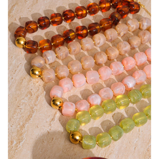 Acrylic Square Beads Chain Necklace Bracelet Bangle Stainless Steel Handmade Jewelry Waterproof Green Khaki Pink Amber