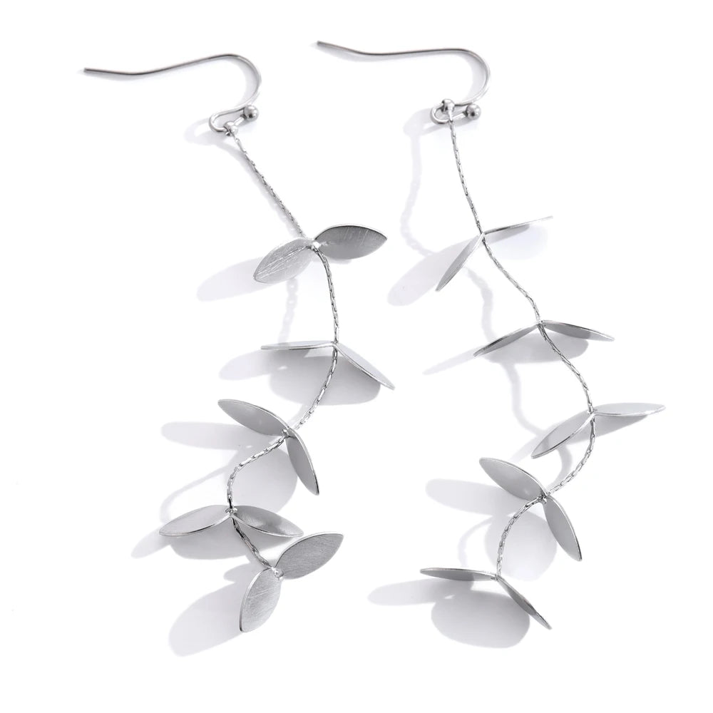 Vintage Retro Old Stainless Steel Leaf Long Hanging Drop Earrings PVD Plated Prevent Allergy Metal Stylish  Jewelry France