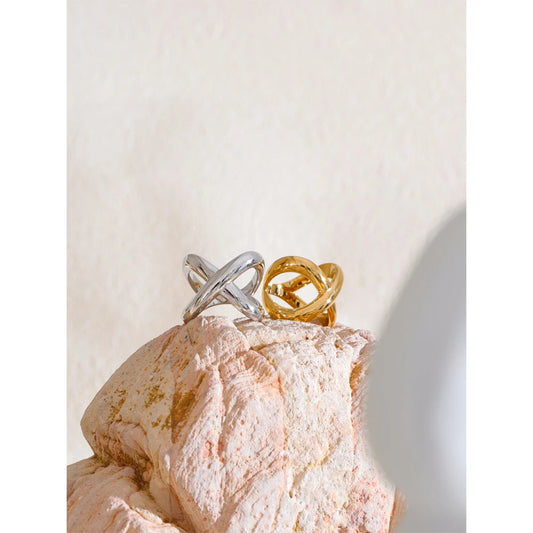 6789# PVD Plated Statement Stainless Steel X-Shape Geometric Finger Ring Waterproof Smooth Metal Handmade Polished Jewelry