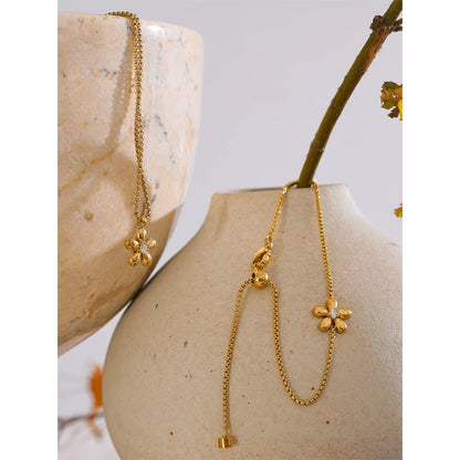 Hot Style Stainless Steel Zirconia Flower Pendant Necklace Bracelet Bangle Earrings 18K Plated Golden Versatile Jewelry