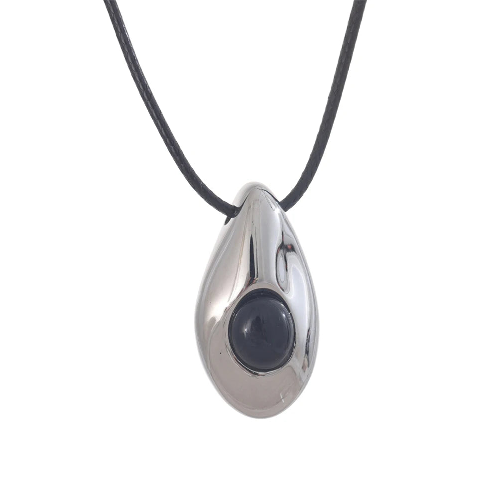 Stainless Steel Water Drop Agate Stone Pendant PU Leather Necklace for Women Statement Fashion Jewelry Accessories New