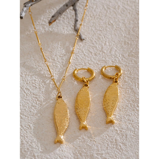 Wholesale Ocean Stainless Steel Metal Fish Pendant Necklace Earrings Rust Proof Golden PVD Plated Trendy Fashion Jewelry