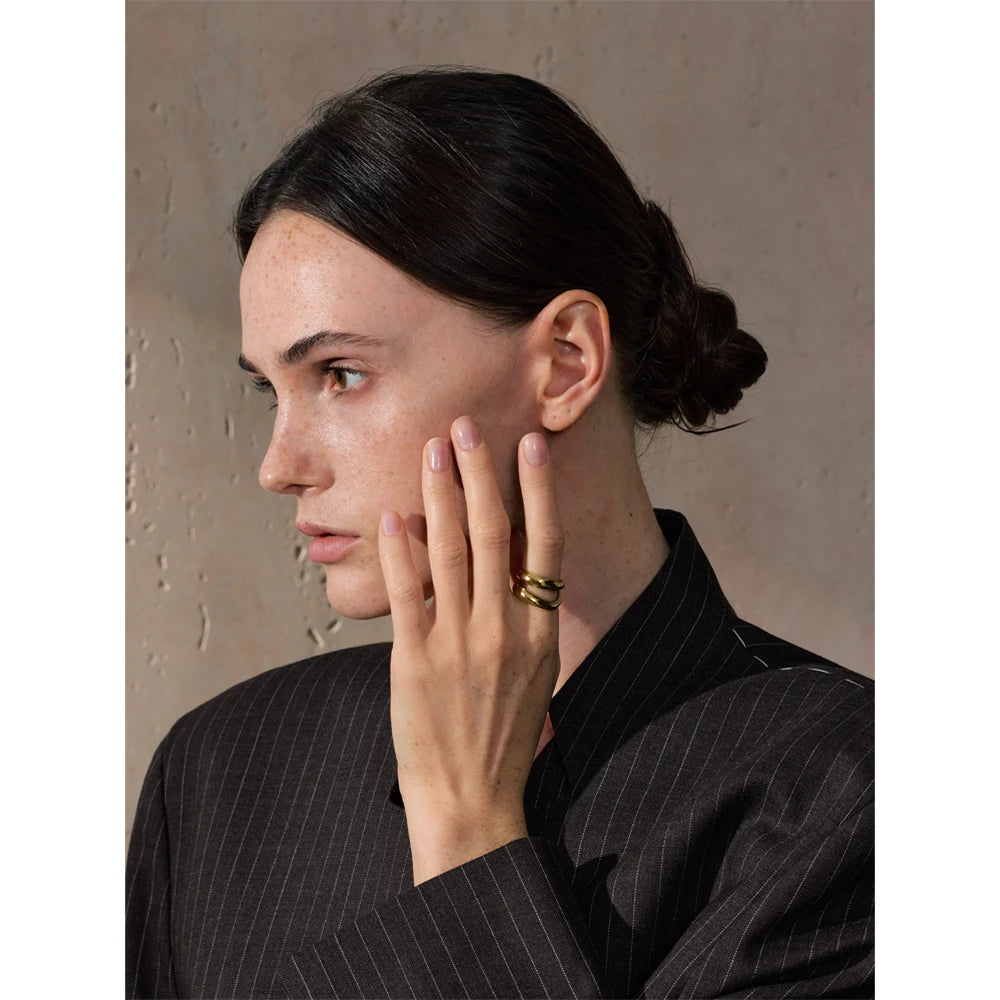 6789# Stainless Steel Metal Double Layer Geometric Cast High Quality Ring Water Resistant Texture Fashion Daily Jewelry