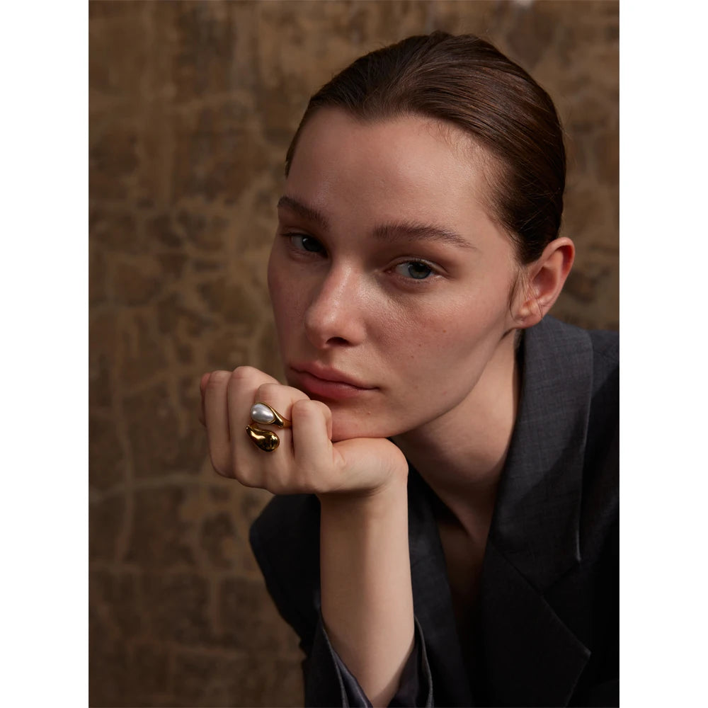 Fashion Imitation Pearl Water Drop Finger Adjustable Ring Women 316L Stainless Steel Elegant Gold Platinum Plated Jewelry