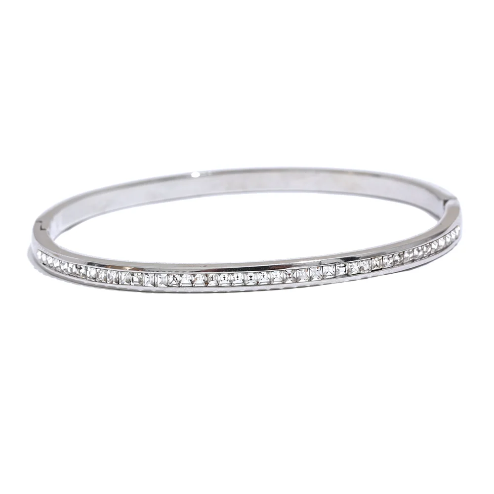 Two Shape Round Square Colorful Cubic Zirconia Stainless Steel Bracelet Bangle Luxury Fashion Women Jewelry Bijoux