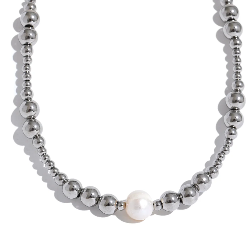 Waterproof Stainless Steel Natural Pearl Metal 18K Gold Plated Beads Necklace Women Fashion Collar Jewelry Bijoux