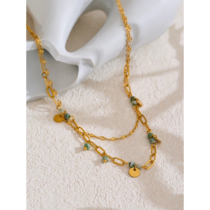 Exquisite Stainless Steel Green Natural Stone Double-Layer Chain Stacking Necklace for Women High Quality Jewelry Gift
