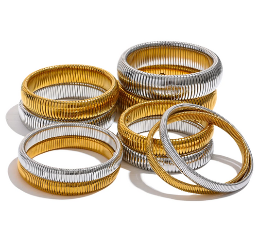 Waterproof Stainless Steel Elastic Thick Metal Bracelet Bangle 18K Gold Plated Trend Fashion Unisex Jewelry Men Women