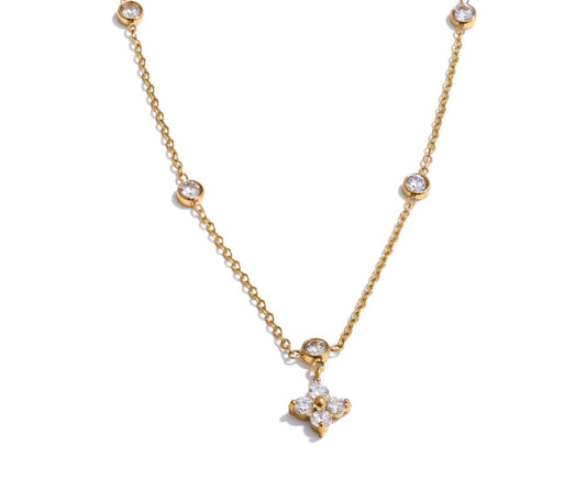 Chic Cubic Zirconia Flower Pendant Exquisite Necklace for Women Stainless Steel Delicate Daily Sweet Jewelry Accessories