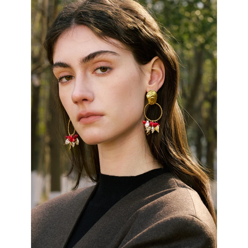 Ocean Holiday Red Stone Shell Conch Drop Dangle Earrings 316L Stainless Steel Summer Beach Golden Jewellery