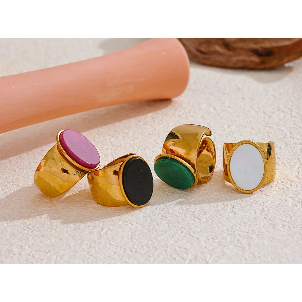 PVD Plated Stone Stainless Steel Gold Color Wide Ring Summer Trendy Fashion Jewelry Accessories Bijoux