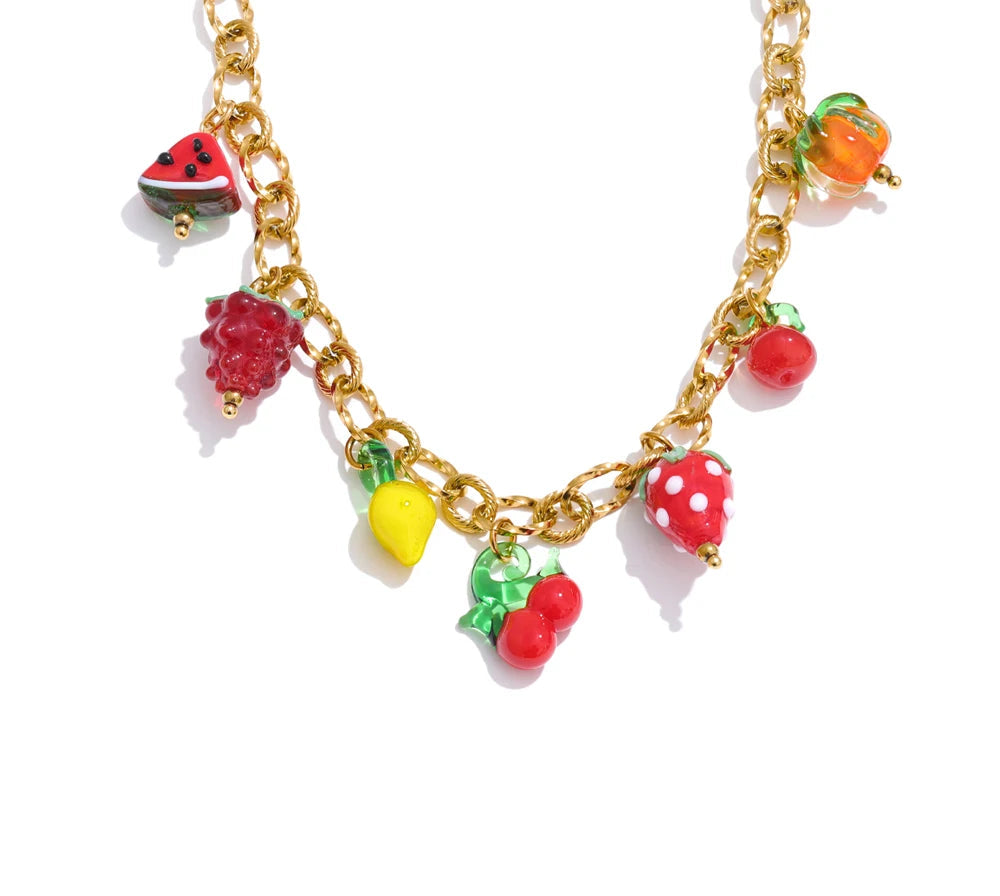 Sweet Spring Summer Colored Glaze Fruit Charm Pendant Necklace Gold Color Stainless Steel Trendy Jewelry for Girls Ladies