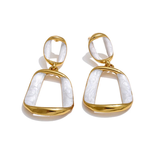 Trendy Stainless Steel White Enamel Rectangle Hollow Drop Earrings 18K Gold Color Plated Versatile Daily Jewelry Gift