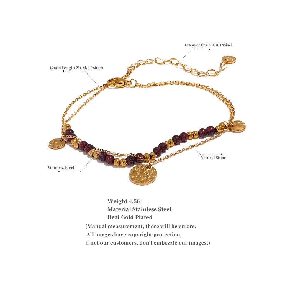 Stainless Steel Layered Summer Anklet Chic Stylish Jewelry Fashion Natural Garnet Stone Beads Handmade Chain Women